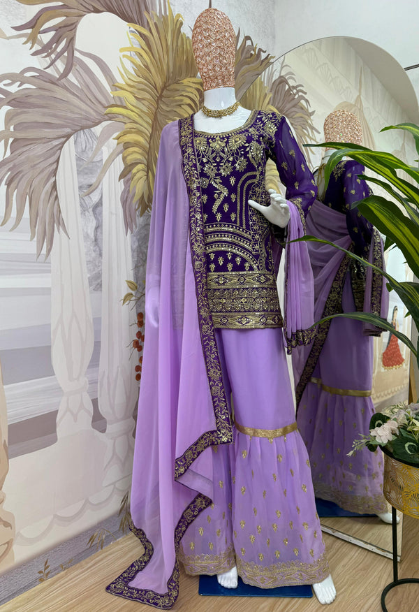 Glorious Heavy Work Lavender Color Sharara Suit