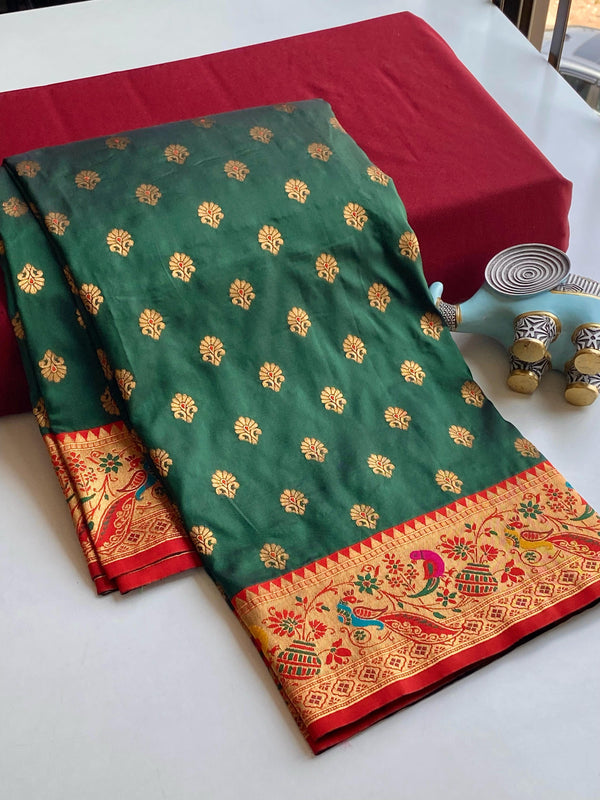 Occasion Wear Meenakari Butti Green Color Paithani Silk Saree