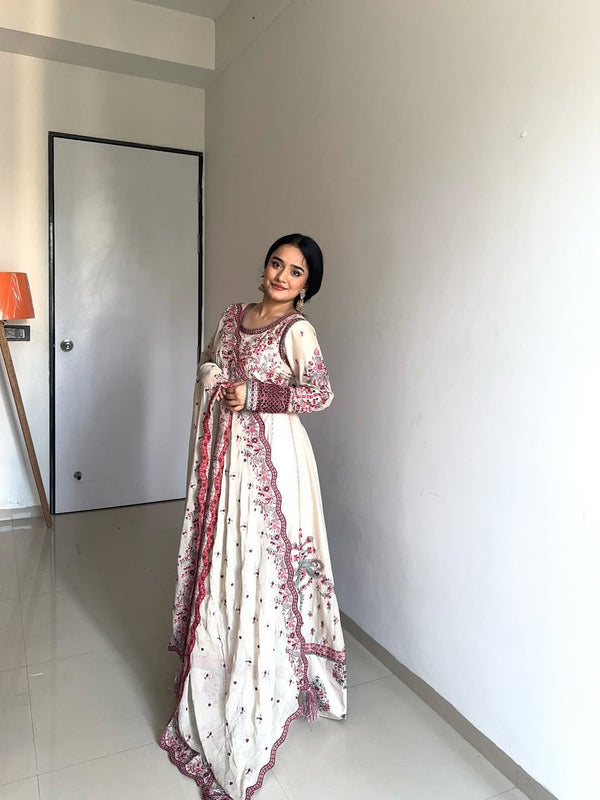 Trendy White Chinon Embroidery Work Gown