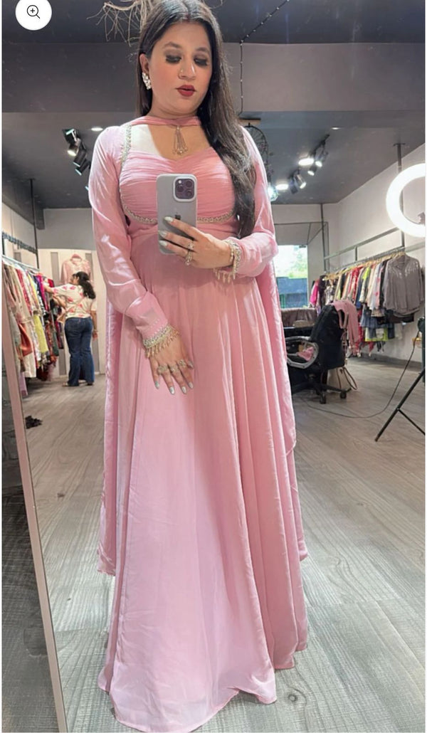 Lovely Pink Color Sequin Georgette Work Gown