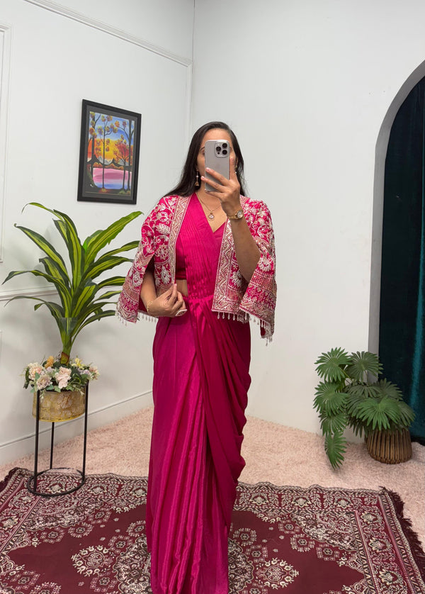 Mesmerizing Pink Color Chinon Silk Ready to Wear Saree
