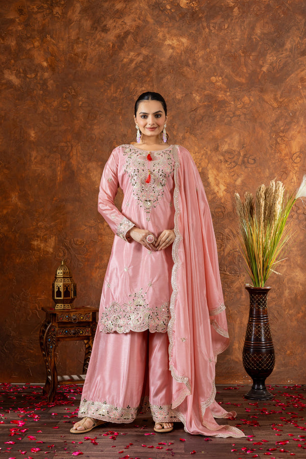 Outstanding Chinon Silk Pink Color Color Palazzo Suit