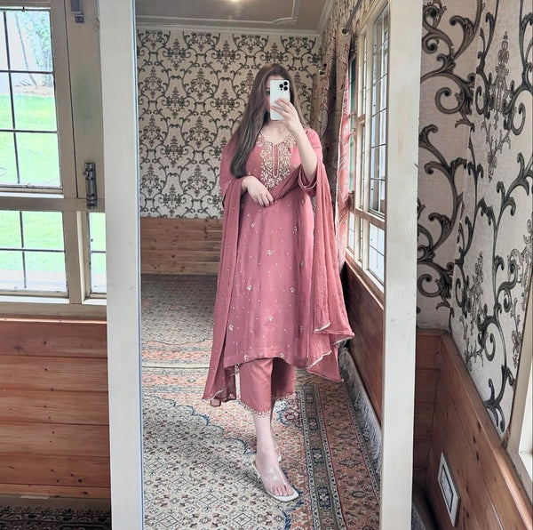 Lovely Pink Georgette Sequence Work Straight Salwar Suit