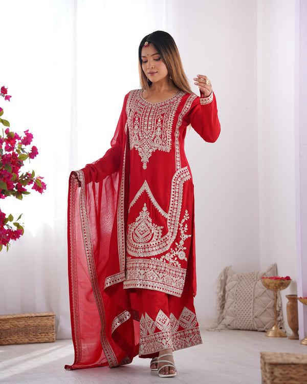 Outstanding Vichitra Silk Red Color Palazzo Suit