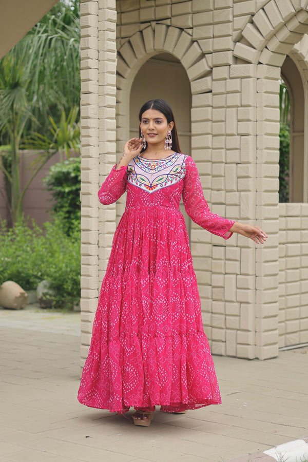Navratri Wear Pink Georgette Embroidery Work Gown