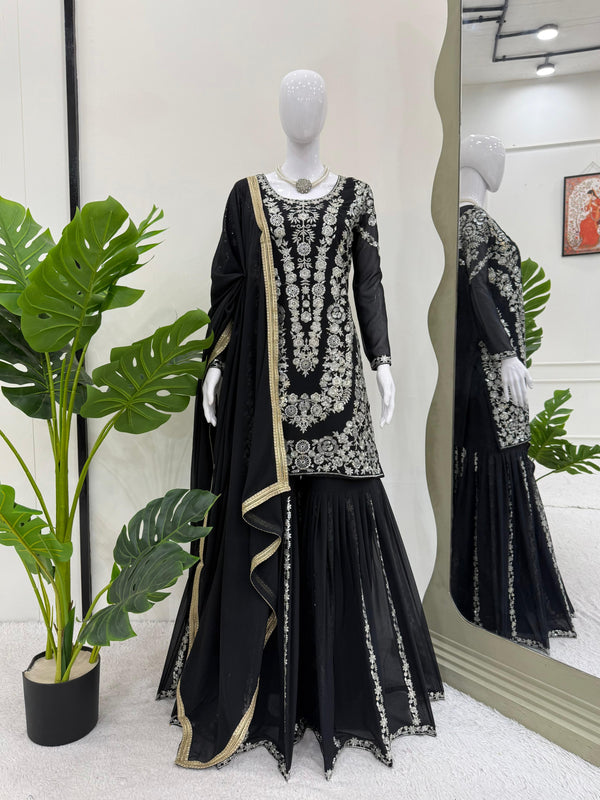 Thread With Sequence Work Black Color Sharara Suit