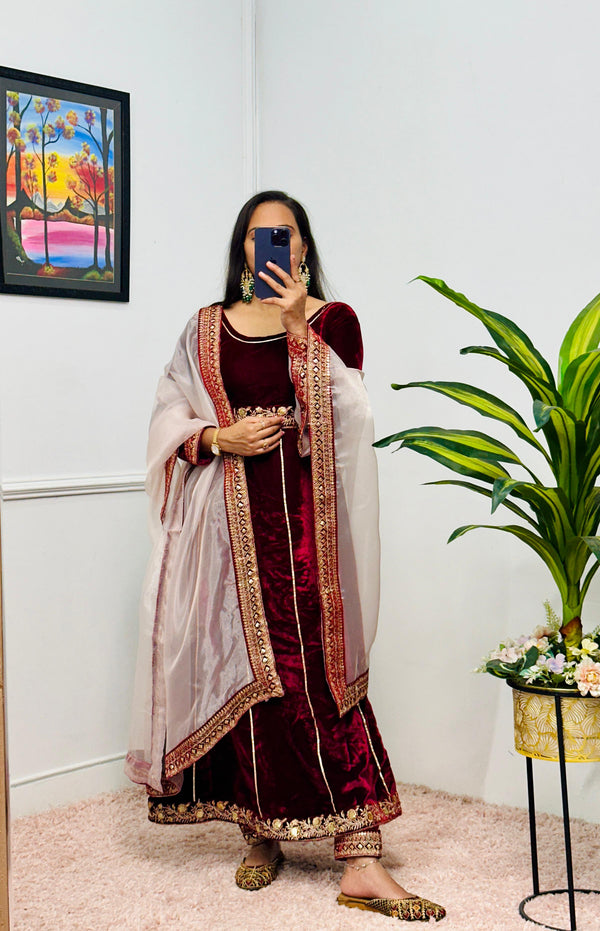 Designer Embroidery Lace Work Velvet Marron Color Gown