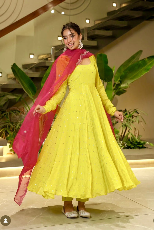 Exclusive Lemon Color Chinon Silk Work Gown