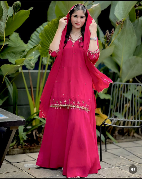 Function Wear Pink Heavy Faux Georgette Palazzo Set