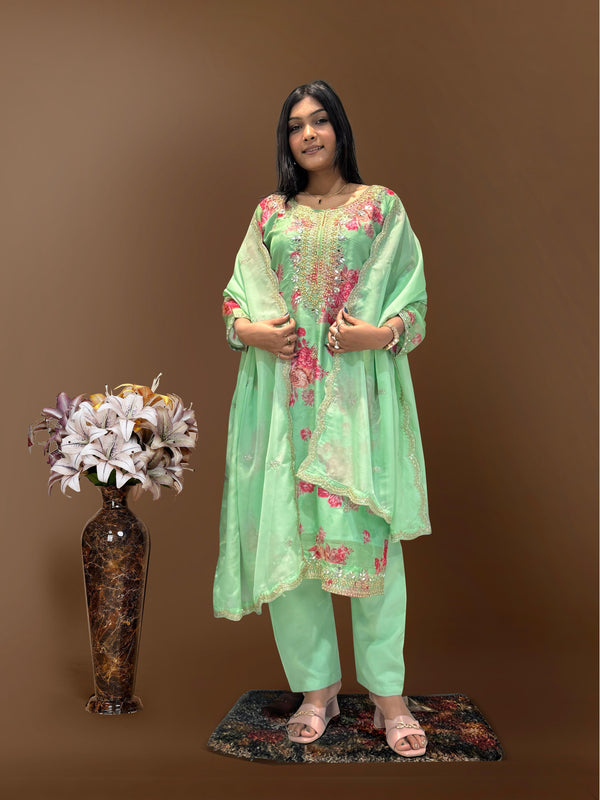 Flattering Sequence Heavy Stone Mirror Hand Work Pista Color Palazzo Suit