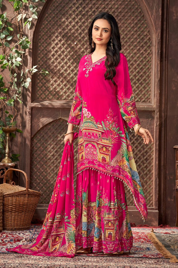 Pink Color Georgette Printed & Mirror Work Palazzo Suit