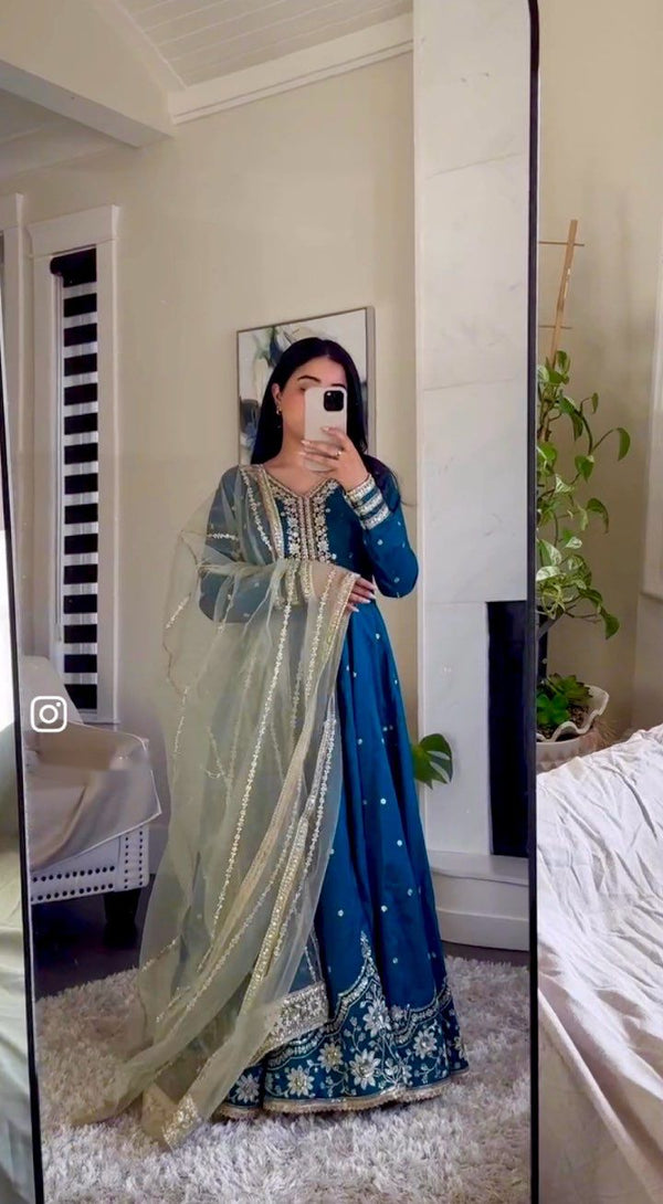 Blue Color Embroidery Work Long Gown With Net Dupatta