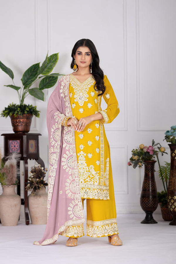 Embroidered Yellow Color Attractive Palazzo Suit Set