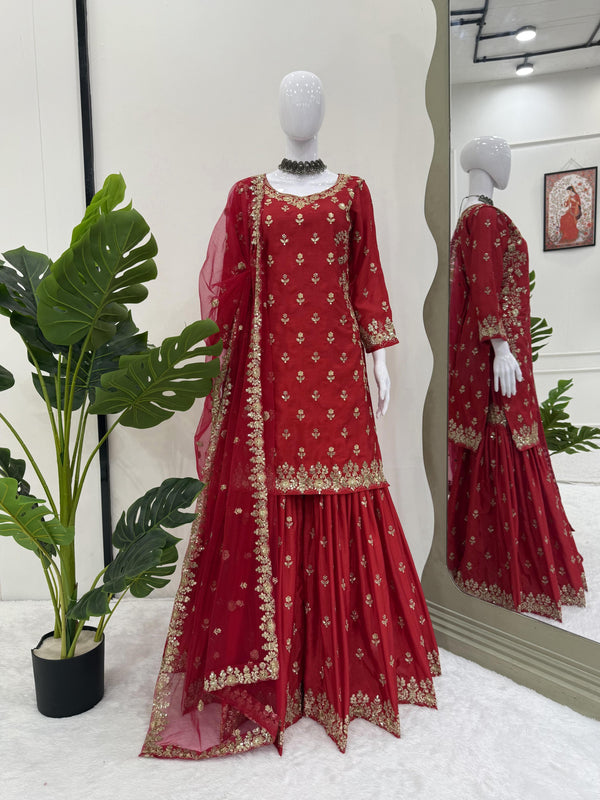 Graceful Red Chinon Silk Sequence Work Sharara Suit