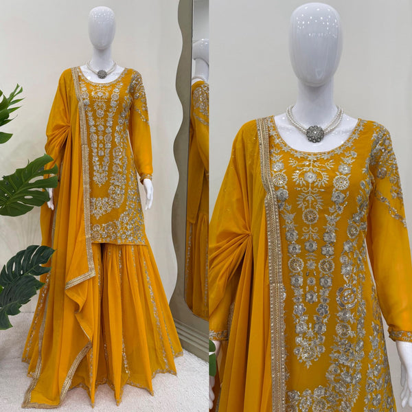 Thread With Sequence Work Mustard Color Sharara Suit