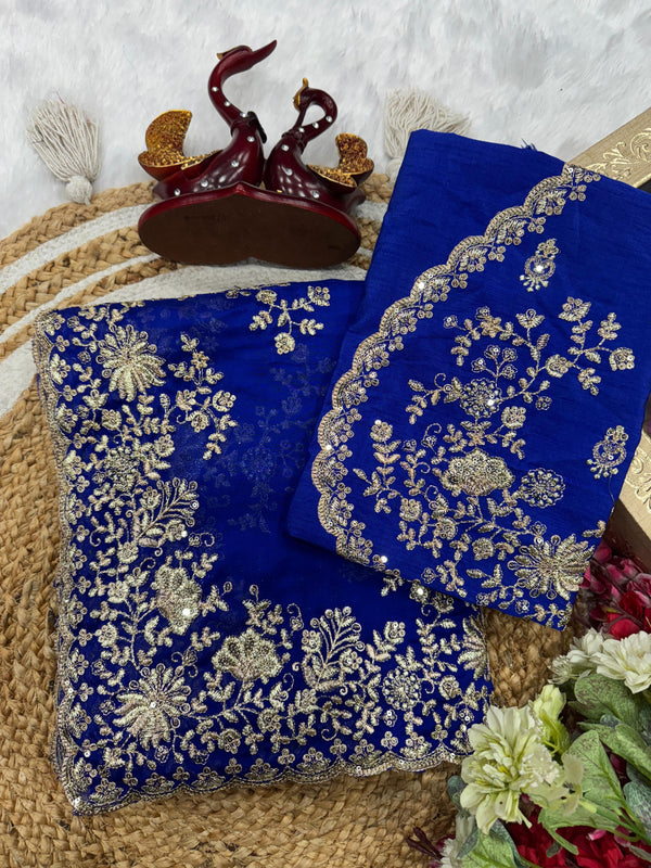 Lovely Blue Color Sequence Work Silk Saree