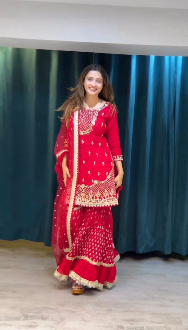 Stylish Red Georgette Thread Work Sharara Suit