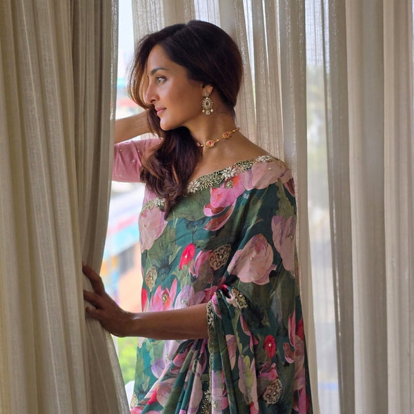 Classy Floral Print Teal Green Color Silk Saree