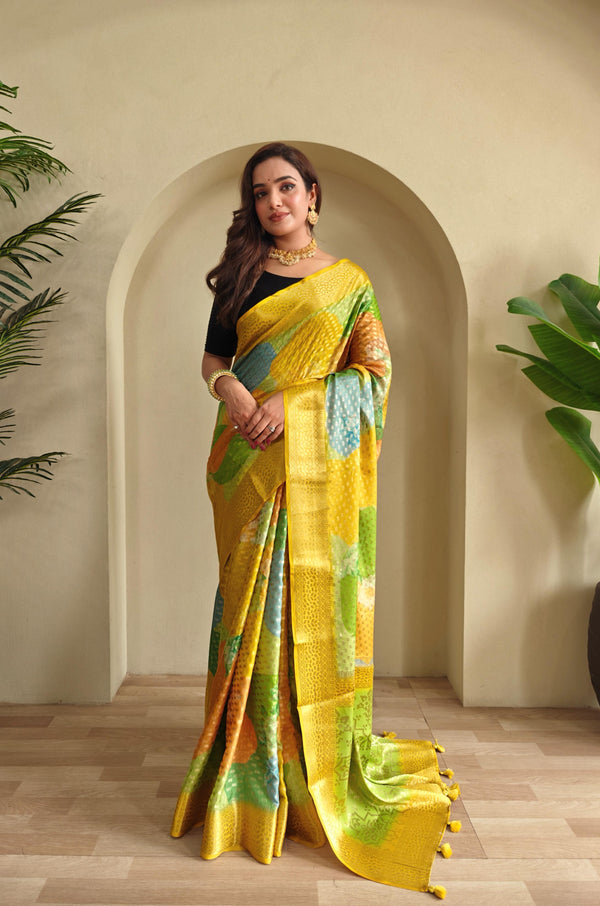 Multi Color Design Beautiful Print Yellow Color Saree