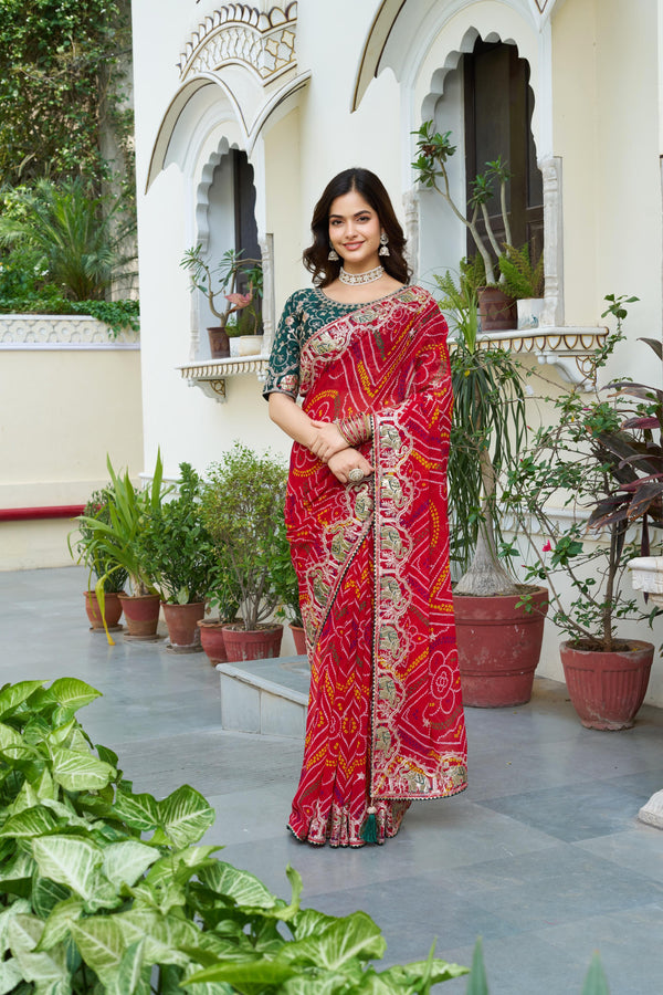 Elegant Bandhani Print Red Color Saree