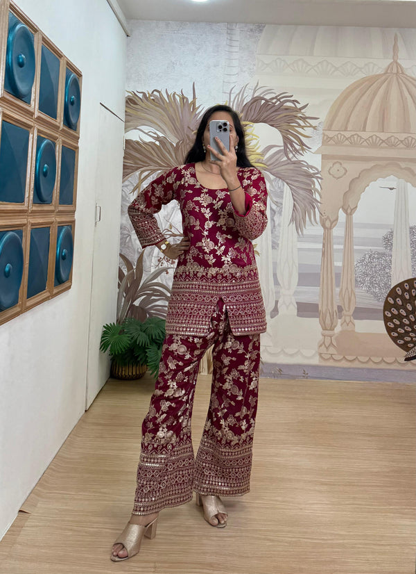 Maroon Color Dola Silk Stylish Co-ord Set