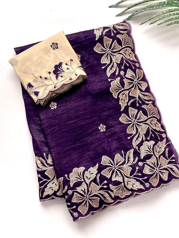Traditional Wear Flower Border Purple Color Saree