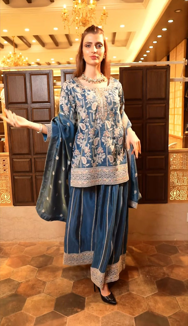 Designer Blue Color Embroidery Work Sharara Suit