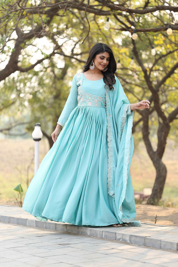 Shining Chinon Silk Sky Blue Color Gown