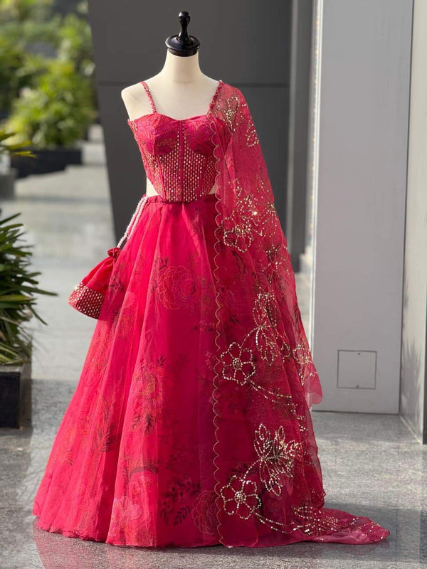Wonderful Pink Organza Embroidery Work Lehenga Choli