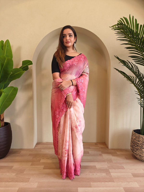 Casual Wear Pink Color Digital Print Organza Saree