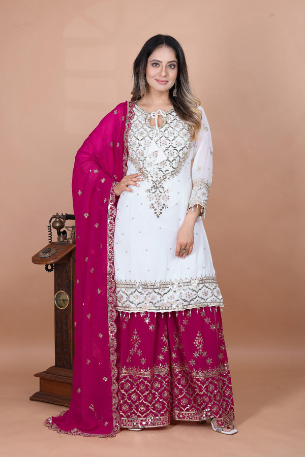 Fabulous Heavy Work White Color Suit With Pink Sharara