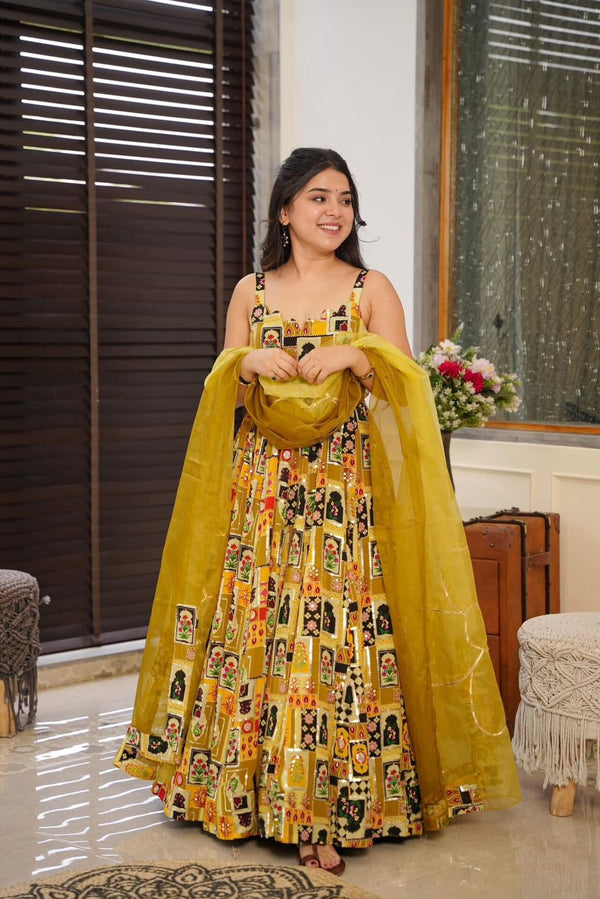 Beautiful Organza Silk Digital Print Yellow Color Anarkali Gown