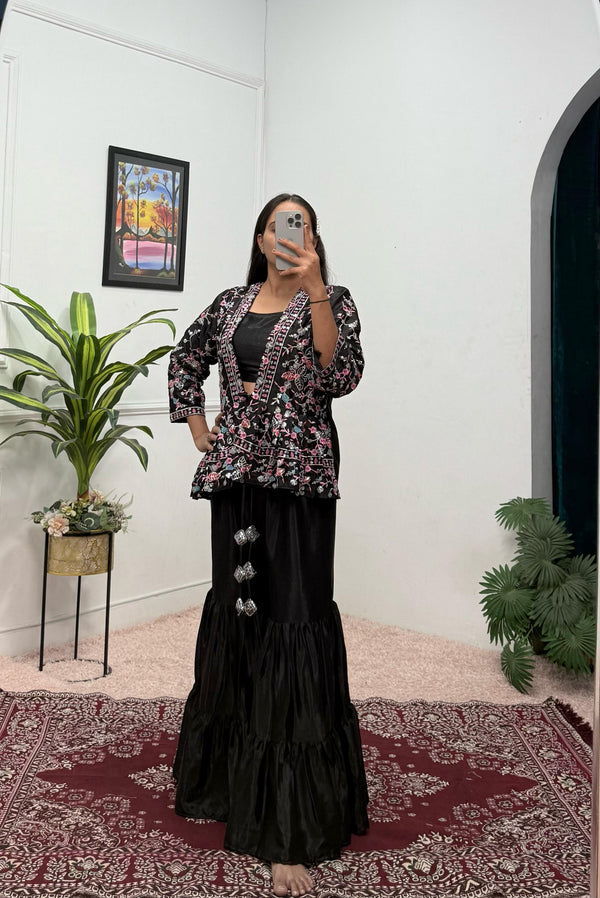 Delightful Chinon Silk Black Color Sharara Suit