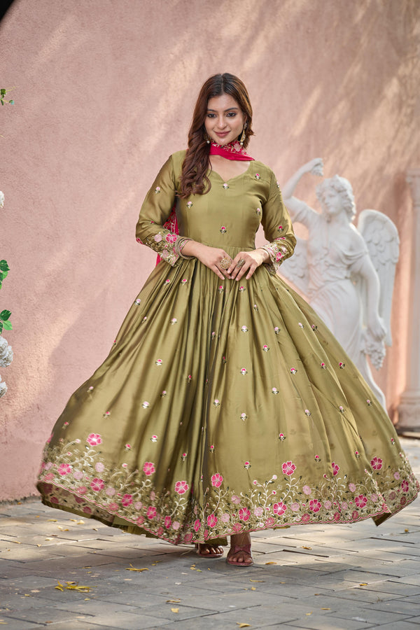 Rangoli Silk Mehndi Color Gown With Pink Dupatta
