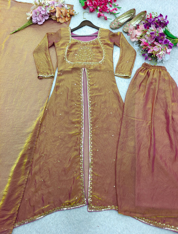 Wonderful Brown Color Embroidery Work Sharara Suit