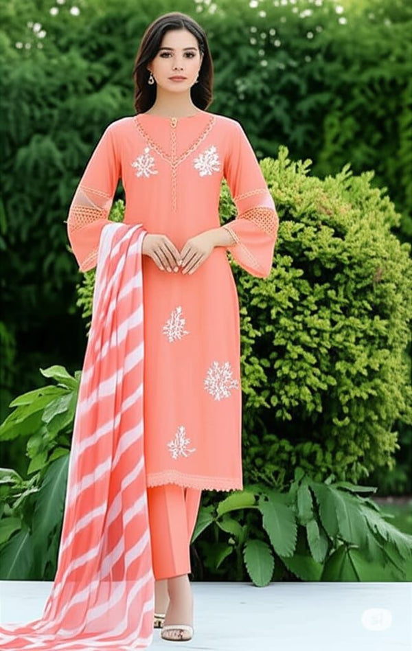 Trendy Peach Color Embroidery Work Straight Salwar Suit