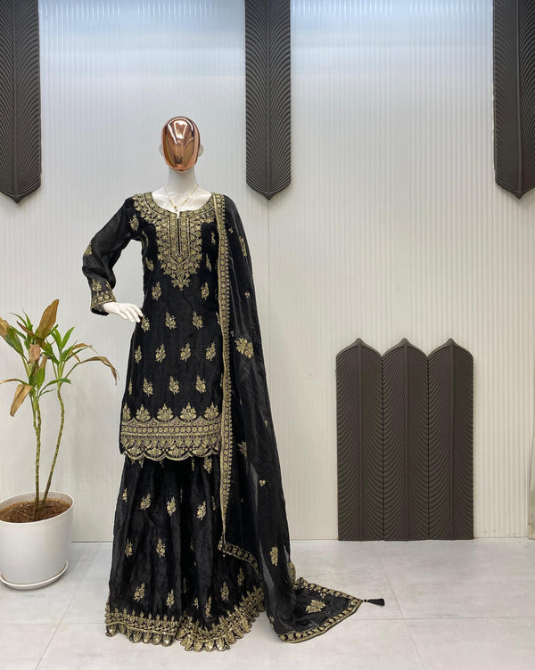 Trendy Black Fendy Embroidery Work Sharara Suit