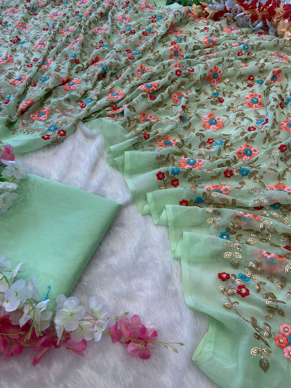 Multi Thread Work Pista Color Saree