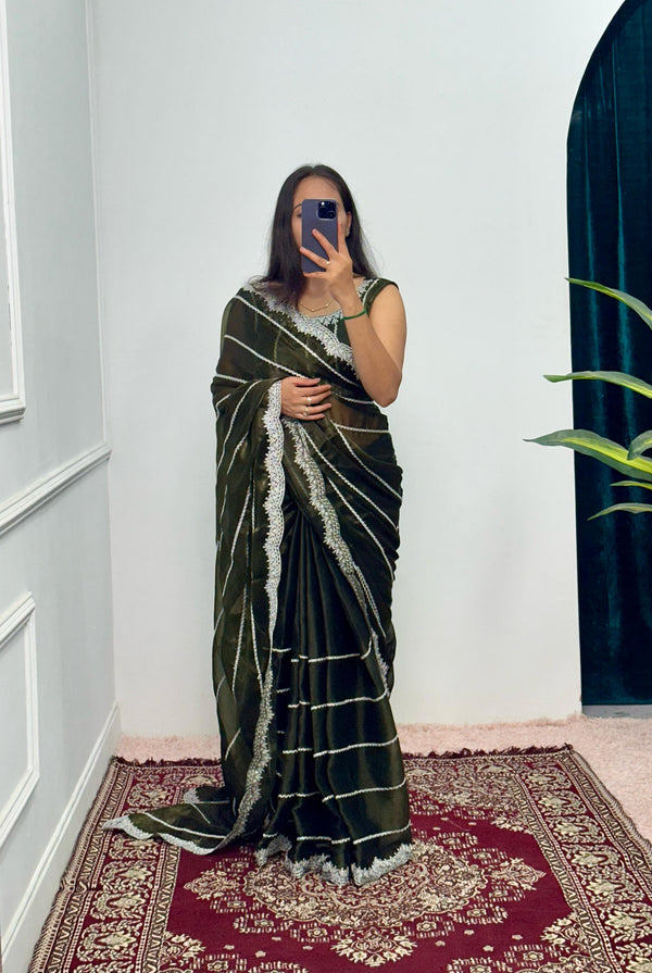 Peaceful Embroidery Zari Work Mehndi Color Saree