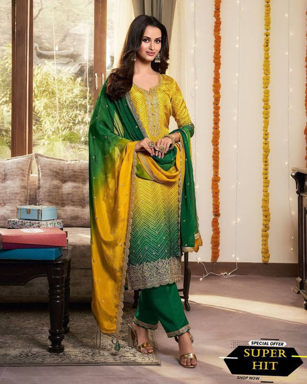Shilpa Shetty Bollywood Yellow With Green Color Salwar Suit