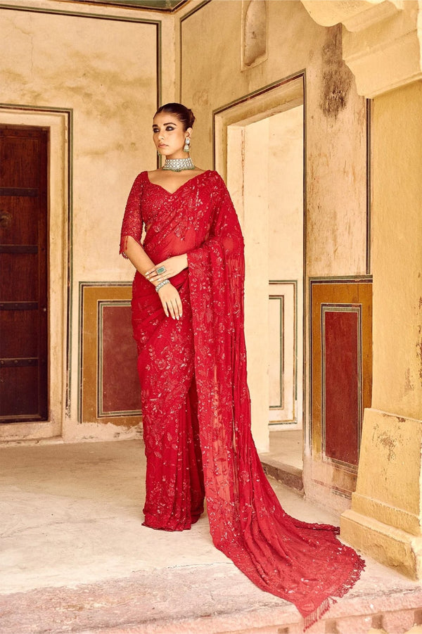 Daisy Georgette Red Color Embroidery Work Saree