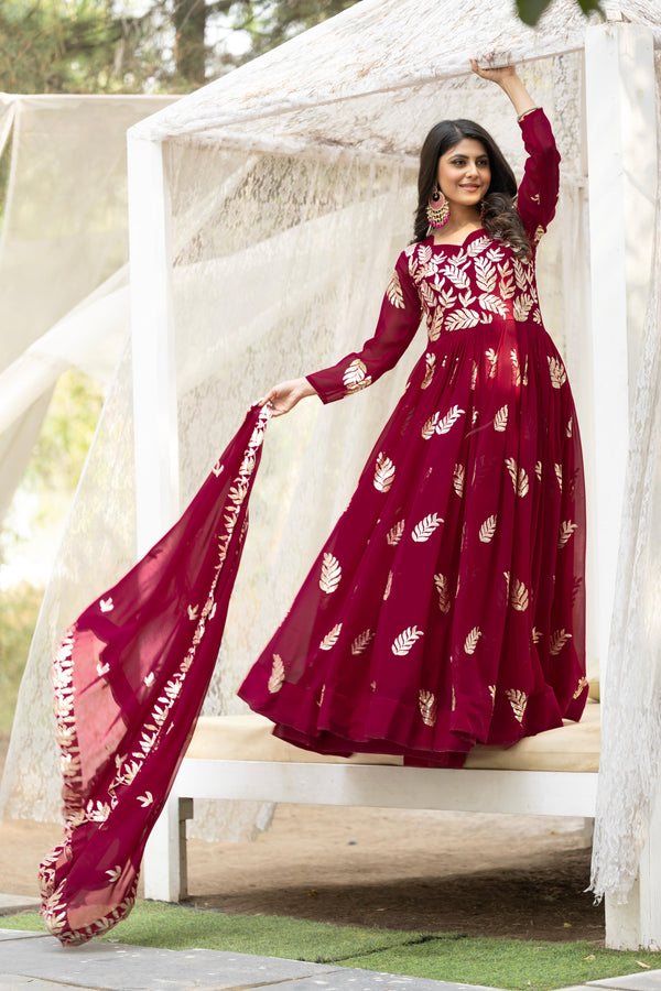 Luxuriant Thread Work Red Color Gown
