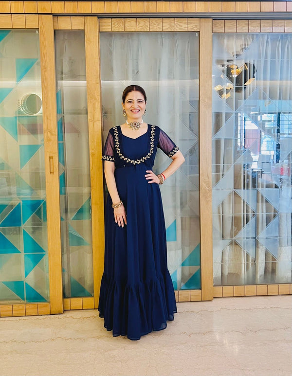 Designer Georgette Navy Blue Color Gown With Koti