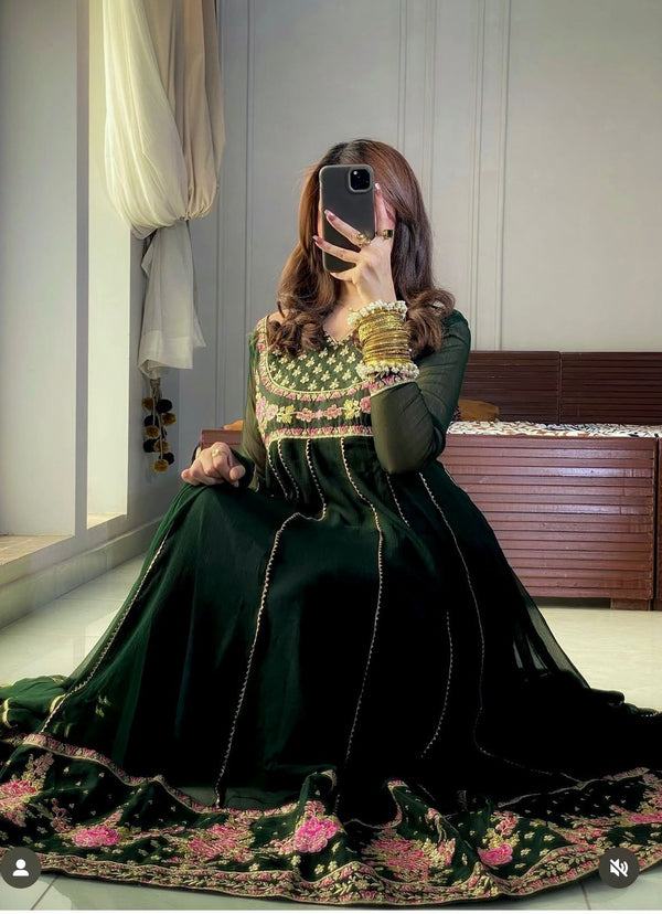 Ravishing Green Georgette Embroidery Work Gown