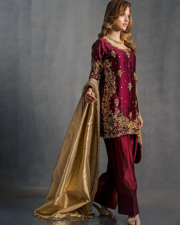 Stylish Maroon Satin Sequence Work Salwar Suit