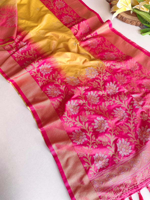 Fantastic Tone Silk Yellow & Pink Color Saree