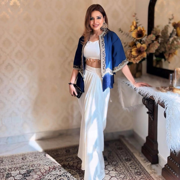 Stylish White Skirt With Blue Koti