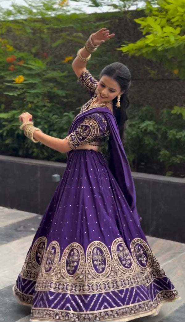 Beautiful Purple Vichitra Silk Embroidery Lehenga Choli