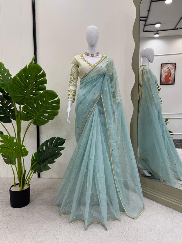 Fantastic Sequnce Work Net Sky Blue Color Saree