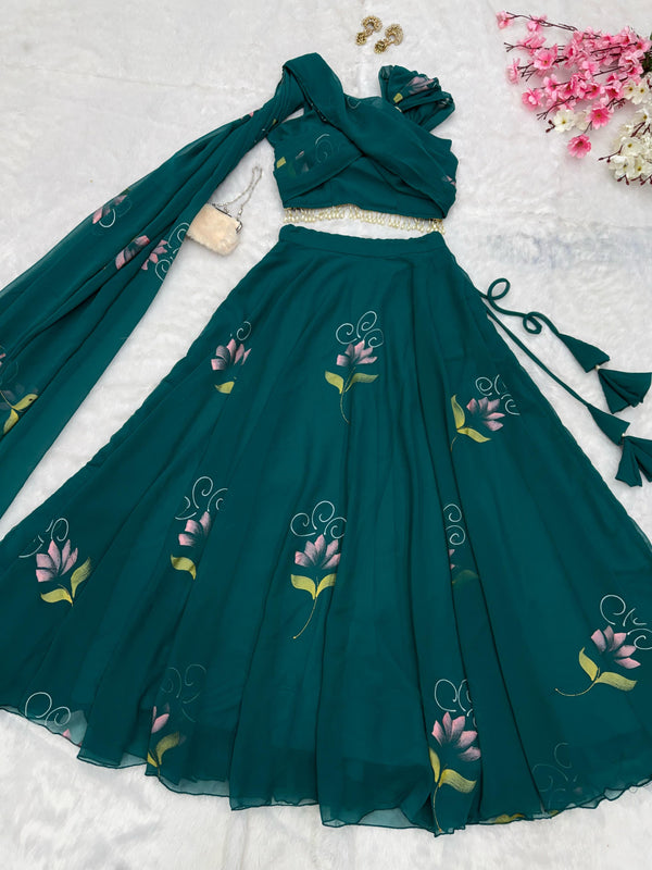 Awesome Georgette Green Color Top With Lehenga